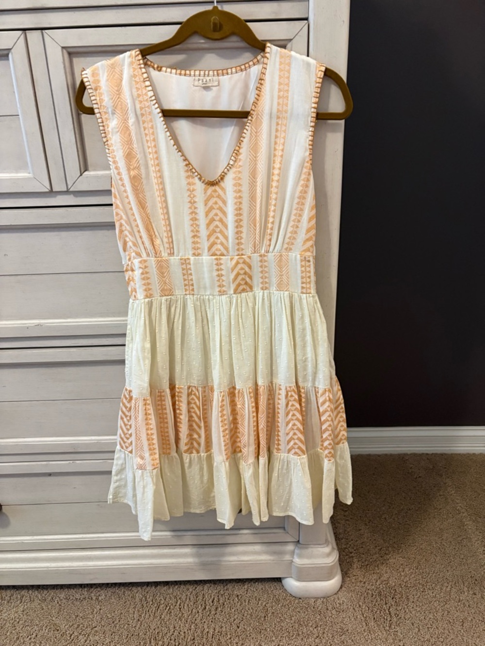 Cream & Peachy/Gold V-Neck Tiered Sundress
